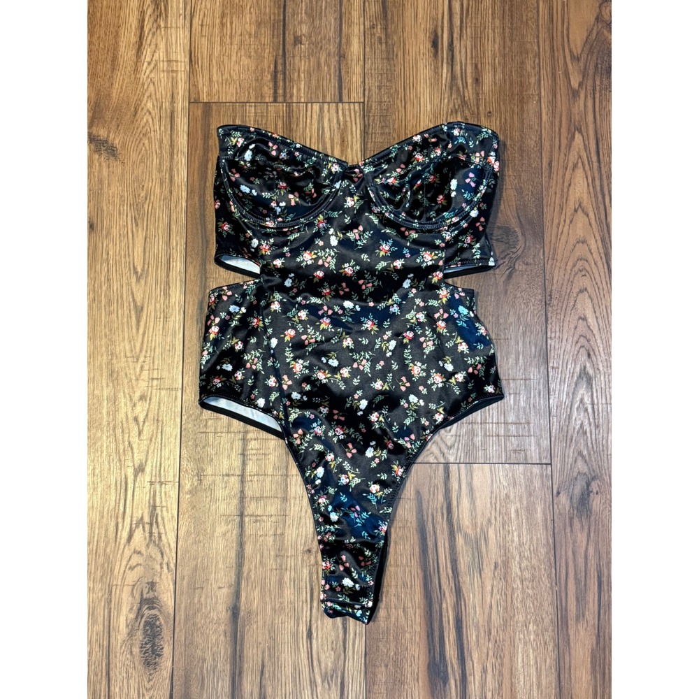 Out From Under Urban Outfitters Floral Bustier Cut Out Bodysuit Black Medium